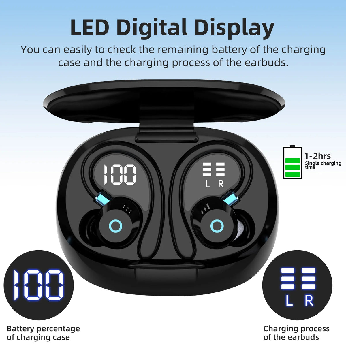 TWS Wireless Bluetooth Earbuds – LED Display Charging Case, Noise Cancelling